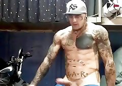 Tattooed shaved lick penis load cumm on face